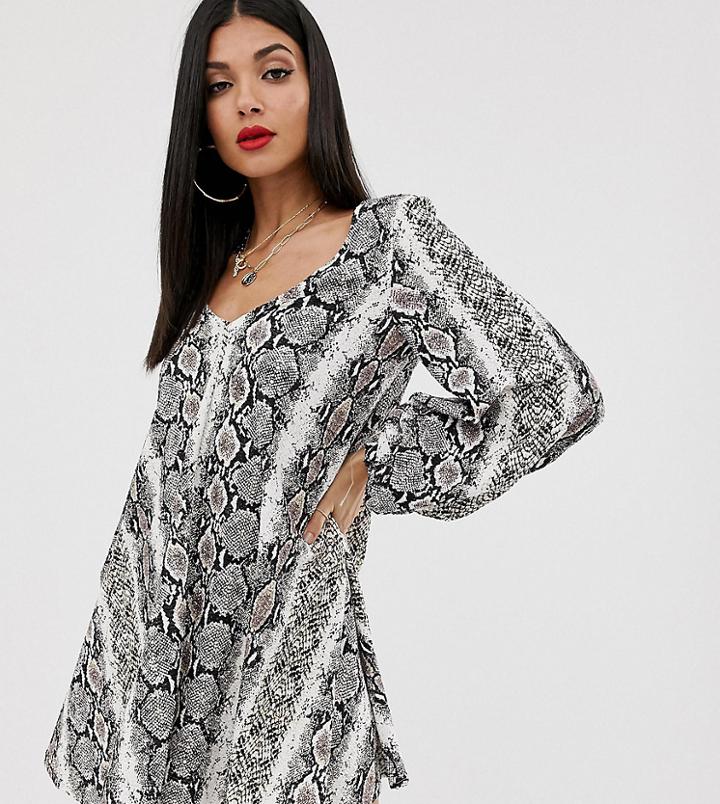 Asos Design Tall Textured Mini V Neck Swing Dress In Snake Print - Multi