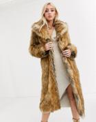 Asos Design Luxe Vintage Inspired Faux Fur Maxi Coat In Brown