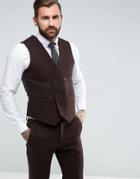 Asos Slim Suit Vest In 100% Wool Harris Tweed Herringbone In Brown - Brown