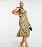 Never Fully Dressed Plus Frill Sleeve Ruffle Midaxi Dress In Leopard Confetti-brown