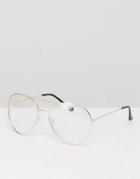 Asos Aviator Glasses In Gold Metal With Clear Lens - Gold