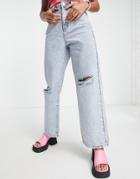 Noisy May Ripped Knee Acid Wash Wide Leg Jeans In Light Blue