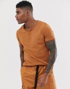 Asos Design T-shirt With Button Scoop Neck In Brown