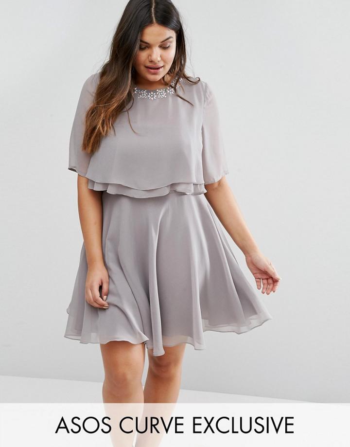 Asos Curve Embellished Trim Double Ruffle Crop Top Skater Dress - Gray
