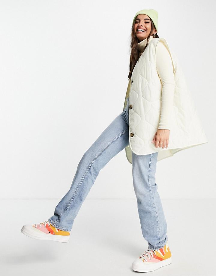 Asos Design Quilted Collarless Vest In Cream-black