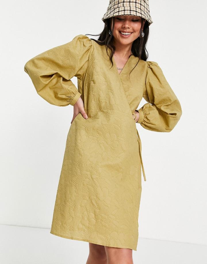 Vila Puff Sleeve Wrap Dress In Khaki-green