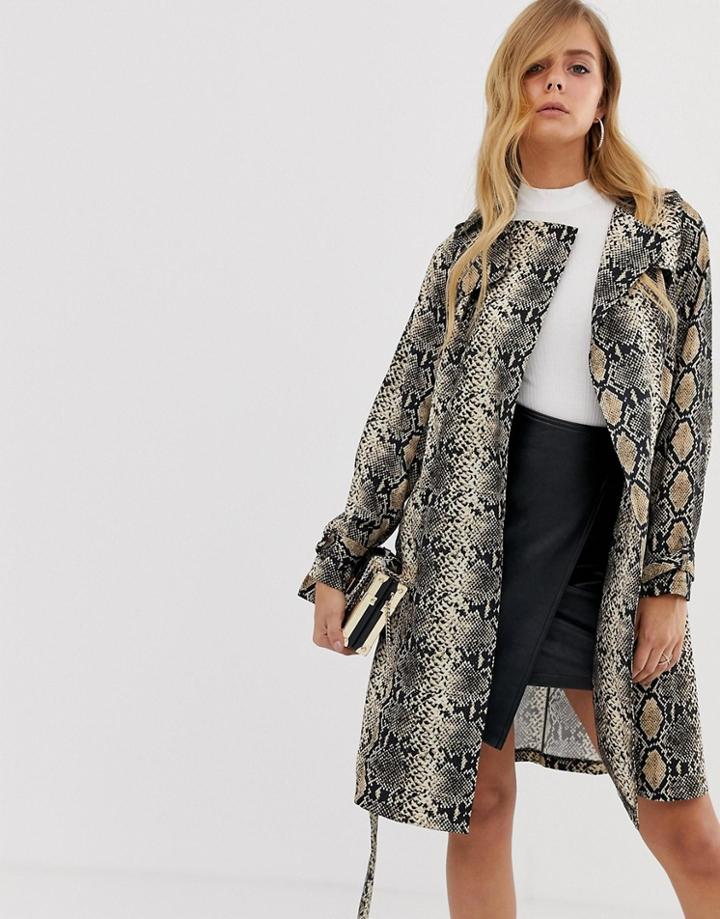 Boohoo Belted Midi Trench Coat In Snake - Multi
