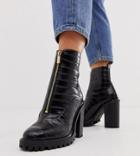 Asos Design Wide Fit Bella Front Zip Chunky Boots In Black Croc - Black
