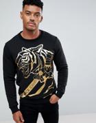 Versace Jeans Sweatshirt In Black With Gold Foil Tiger Print - Black