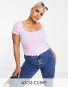 Asos Design Curve 90s Shrunken Button Ribbed Top In Lilac-purple