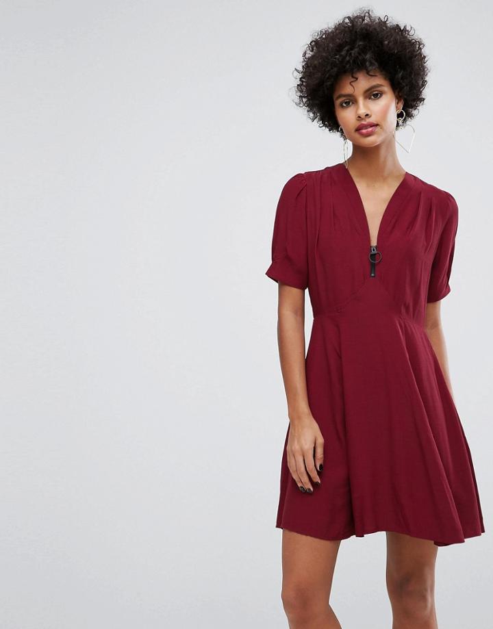 Asos Mini Tea Dress With Zip Detail - Red