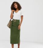 Asos Design Tall Denim Belted Midi Skirt In Khaki Green - Multi
