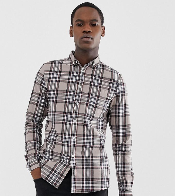 Asos Design Tall Slim Check Shirt In Beige-brown