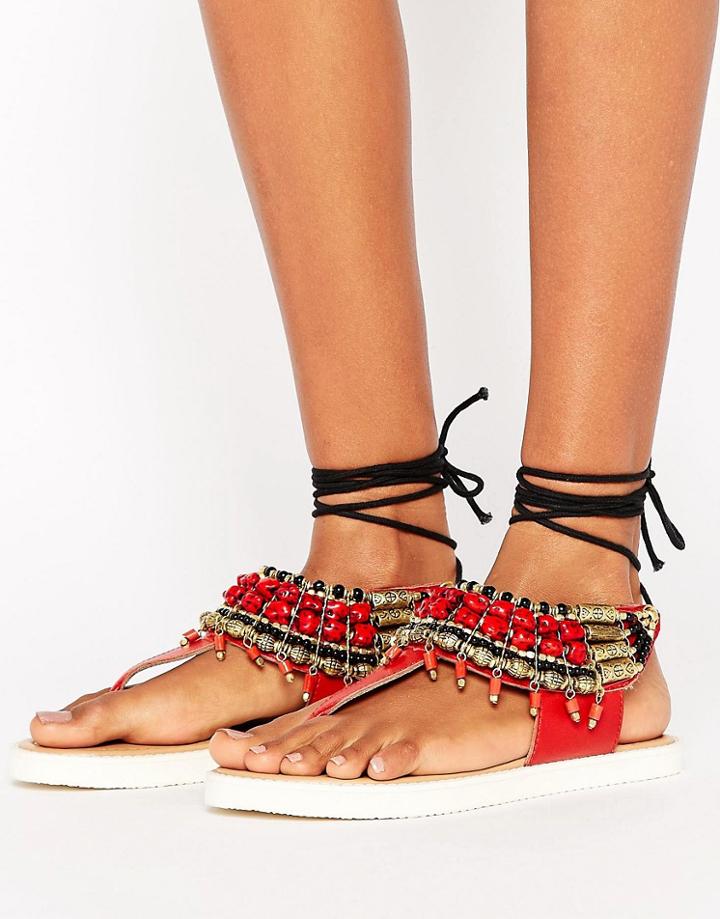 Park Lane Chunky Embellshed Tie Flat Sandal - Red