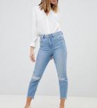 Asos Design Petite Farleigh High Waisted Slim Mom Jeans In Light Vintage Wash With Busted Knees-blue