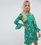 John Zack Petite Frilly Skater Dress In Green Floral - Multi