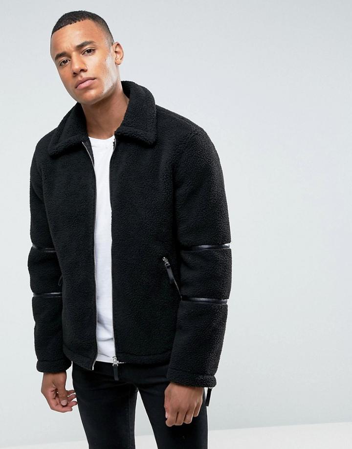 Barney's Originals Borg Flight Jacket With Pu Trim - Black