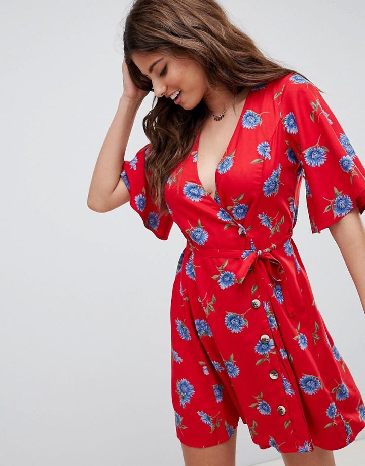 Asos Design Wrap Dress With Tortoiseshell Buttons In Floral Print - Multi