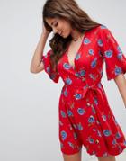 Asos Design Wrap Dress With Tortoiseshell Buttons In Floral Print - Multi