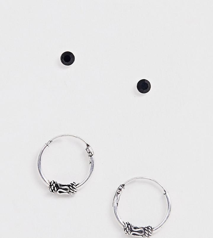 Asos Design Sterling Silver Pack Of 2 Hoop And Stud Earrings In Etched Design - Silver