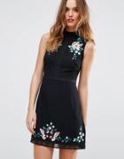 Lipsy High Neck Floral Embroidery A-line Mini Dress - Black
