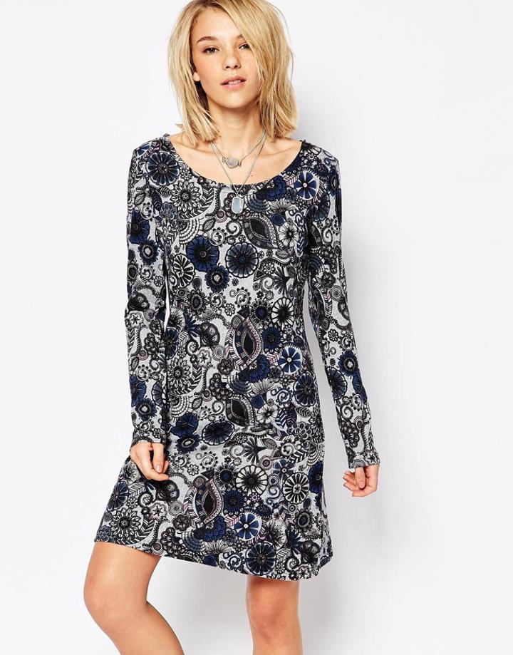 Qed London Printed Long Sleeve Swing Dress - Gray