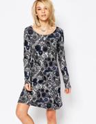 Qed London Printed Long Sleeve Swing Dress - Gray