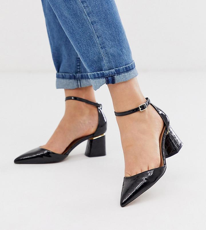 Asos Design Wide Fit Stardust Pointed Mid-heels In Black Croc - Black