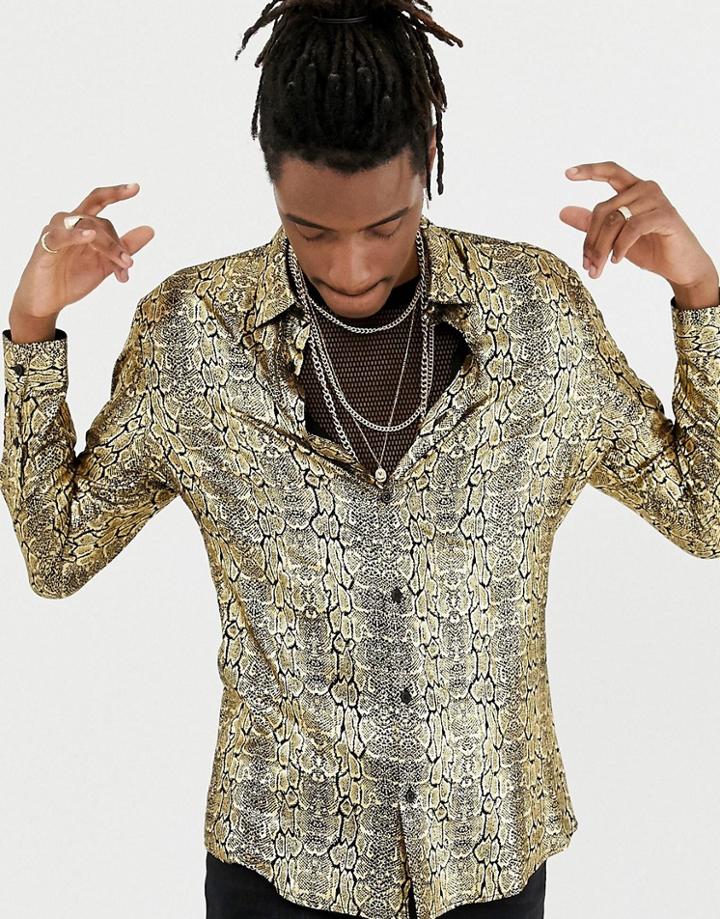Jaded London Long Sleeve Shirt In Gold Cocodile Print Foil Shirt - Gold