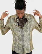 Jaded London Long Sleeve Shirt In Gold Cocodile Print Foil Shirt - Gold
