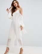 Asos Jumpsuit With Cold Shoulder And Premium Embroidery - White