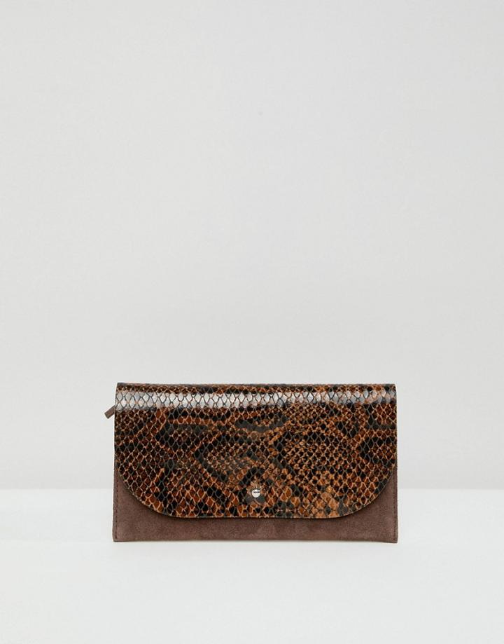 Asos Design Suede And Snake Mix Stud Foldover Purse - Brown
