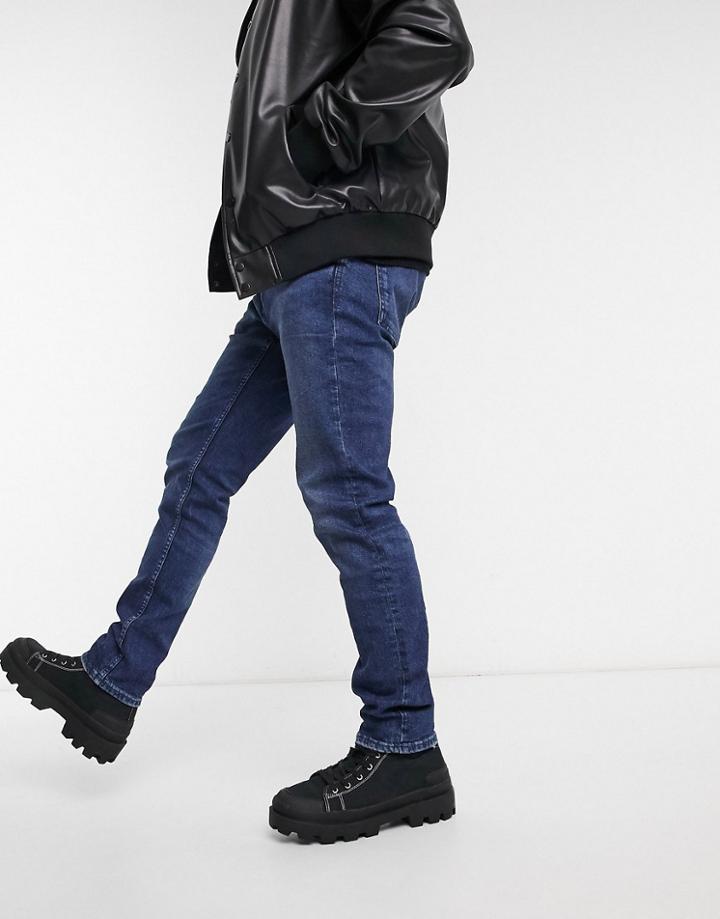 Pull & Bear Slim Jeans In Dark Blue Wash-blues