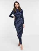 Asos Design Satin High Drape Neck Maxi Dress With Long Sleeves In Navy