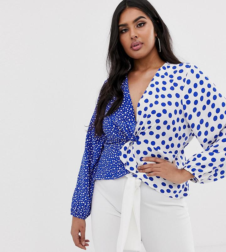 John Zack Plus Knot Front Top In Contrast Blue Polka - Multi