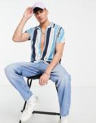 Topman Short Sleeve Stripe Viscose Shirt In Navy And Lilac-multi