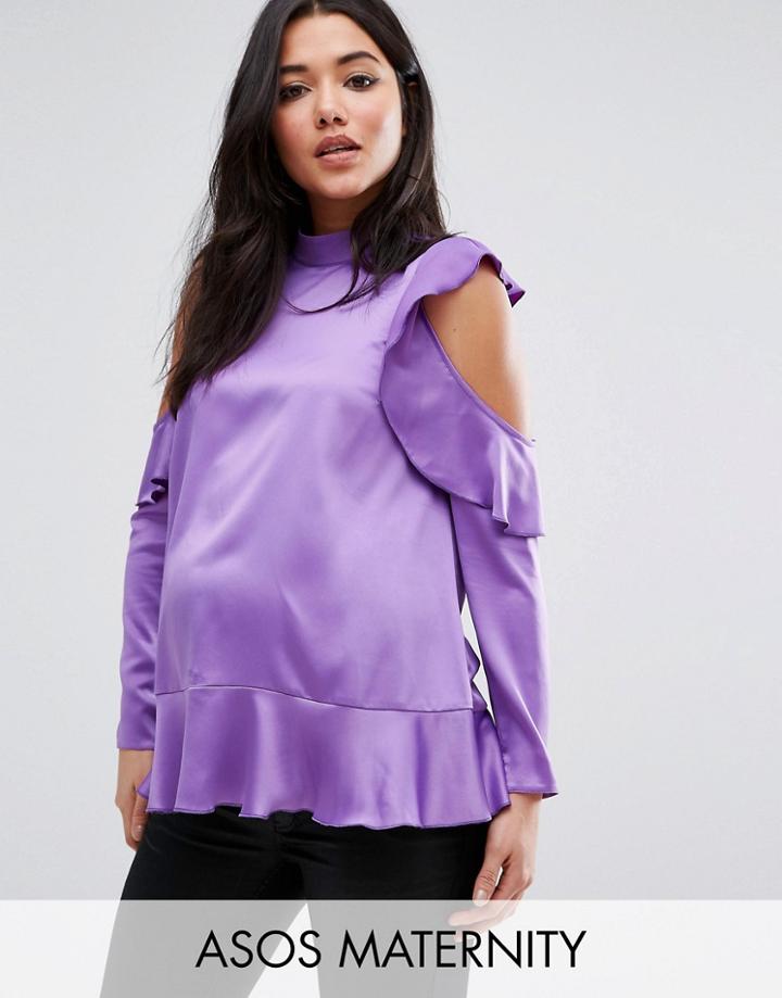 Asos Maternity Satin Ruffle Top With Cold Shoulder Detail - Purple