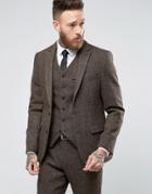 Asos Slim Suit Jacket In Brown Harris Tweed Herringbone 100% Wool - Br