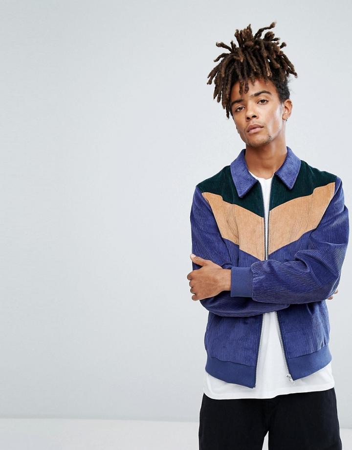 Asos Harrington Jacket With Chevron In Cord Fabric - Navy
