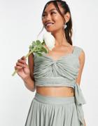 Asos Design Bridesmaid Ruched Crop Top With Wrap Detail - Part Of A Set-green