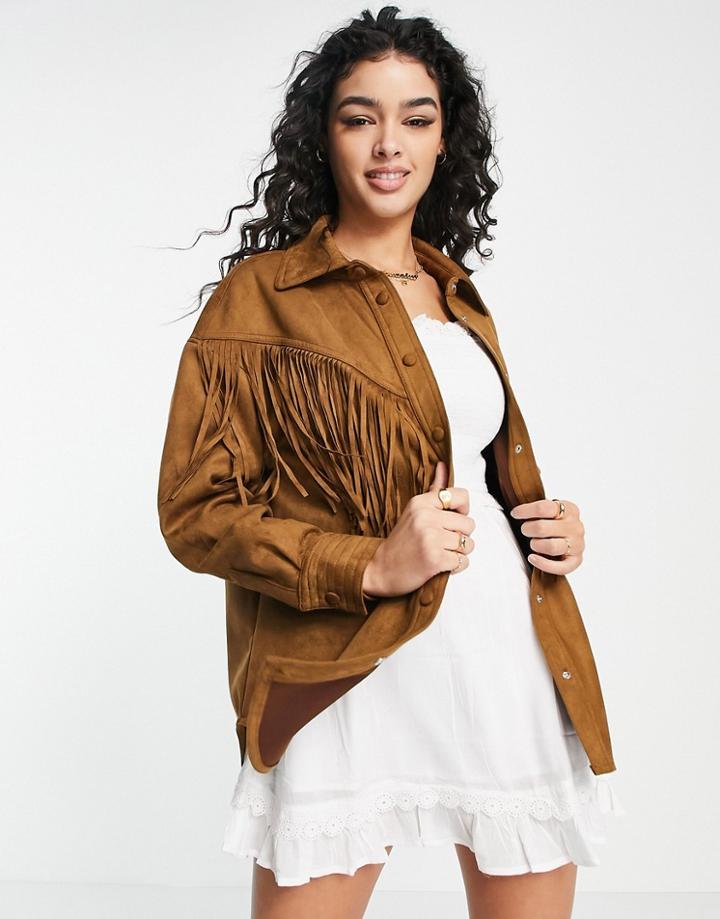 Stradivarius Suedette Fringed Jacket In Dark Tan-brown