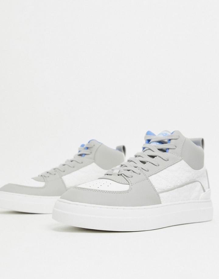 Asos Design High Top Sneakers In Gray And White Embossed