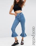 Asos Petite Farleigh High Waist Slim Mom Jeans With Flared Frill Hem - Blue