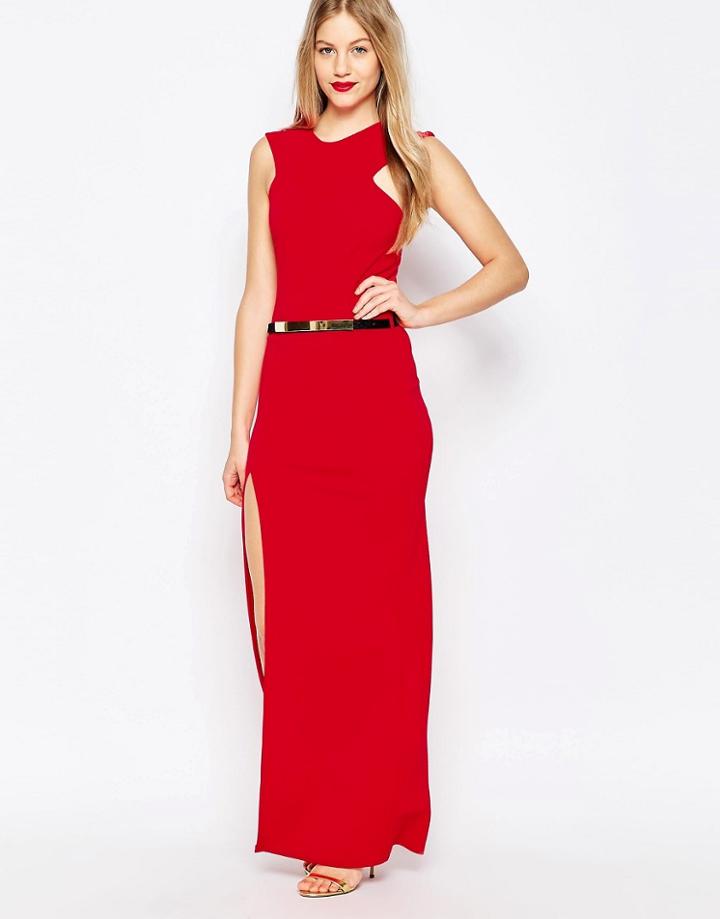 Honor Gold High Neck Belted Maxi Dress With Side Split - Red