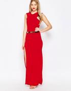 Honor Gold High Neck Belted Maxi Dress With Side Split - Red