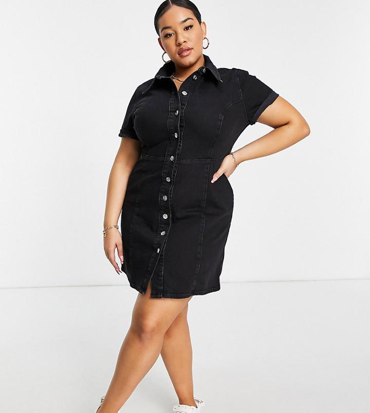 Asos Design Curve Denim Fitted Shirt Dress With Short Sleeves In Washed Black