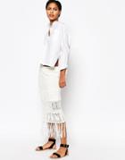 Moon River Fringed Knitted Midi Skirt - Ivory