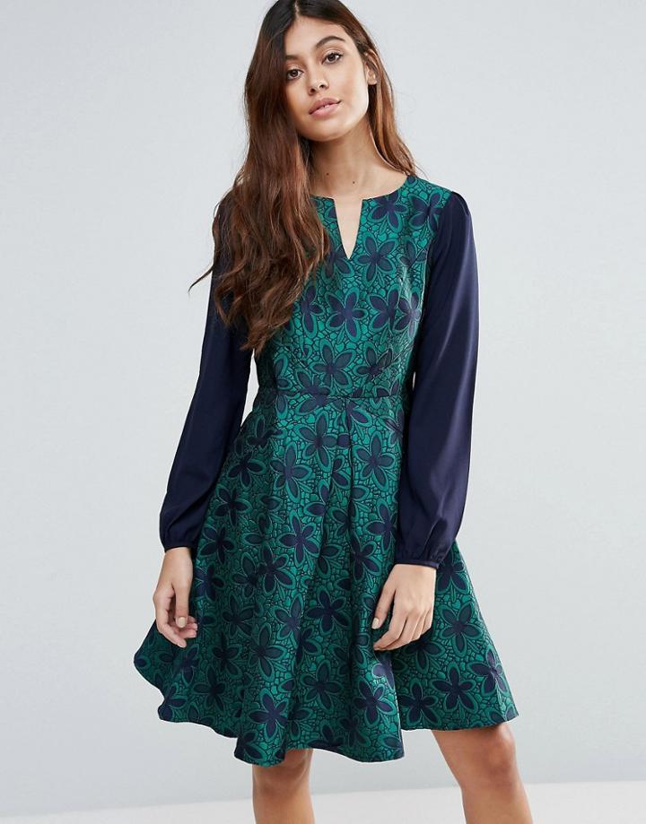 Traffic People Printed Skater Dress With Contrast Sleeves - Multi