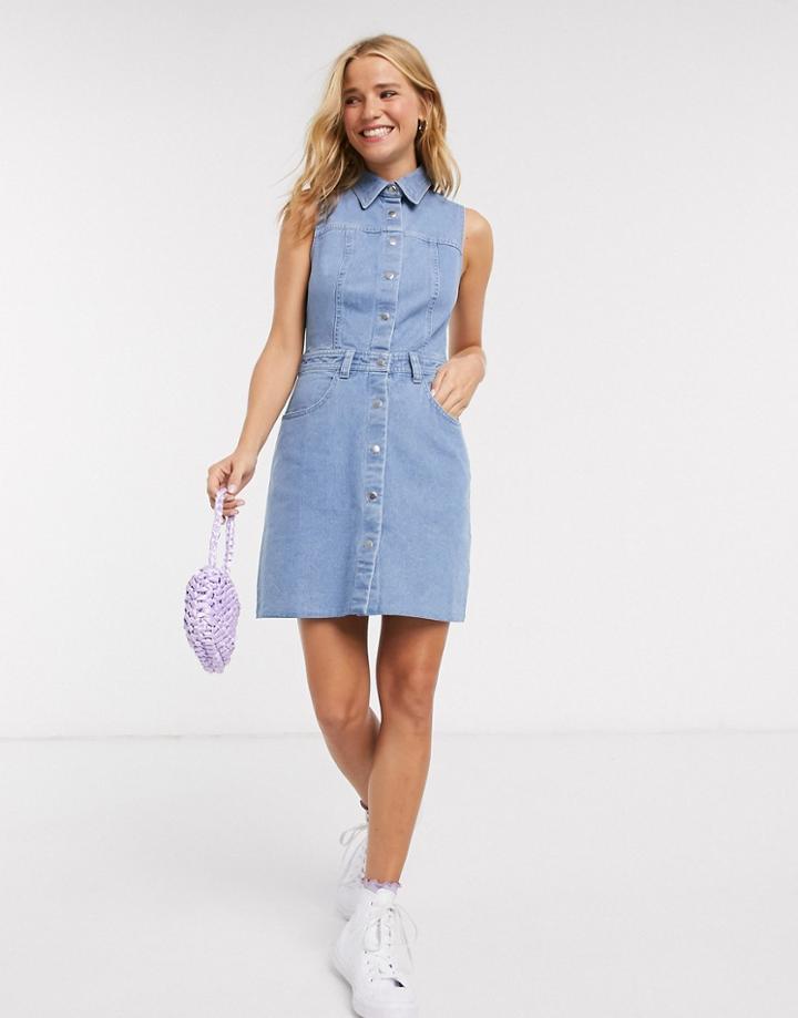 Miss Selfridge Sleeveless Denim Dress In Mid Wash-blue
