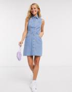 Miss Selfridge Sleeveless Denim Dress In Mid Wash-blue